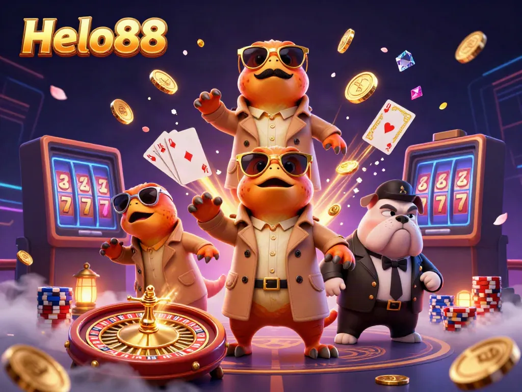 Witness the raptors at Helo88 attempting to sneak into a VIP casino lounge, surrounded by coins and games.