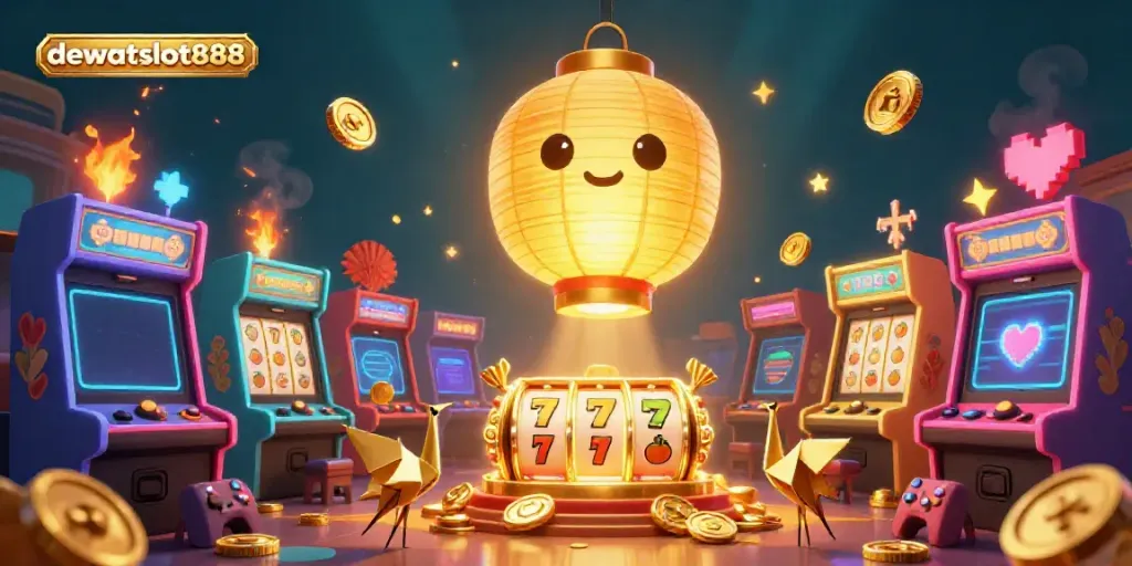 Mengakses permainan slot online di dewataslot888 dengan karakter unik dan suasana kasino yang meriah.