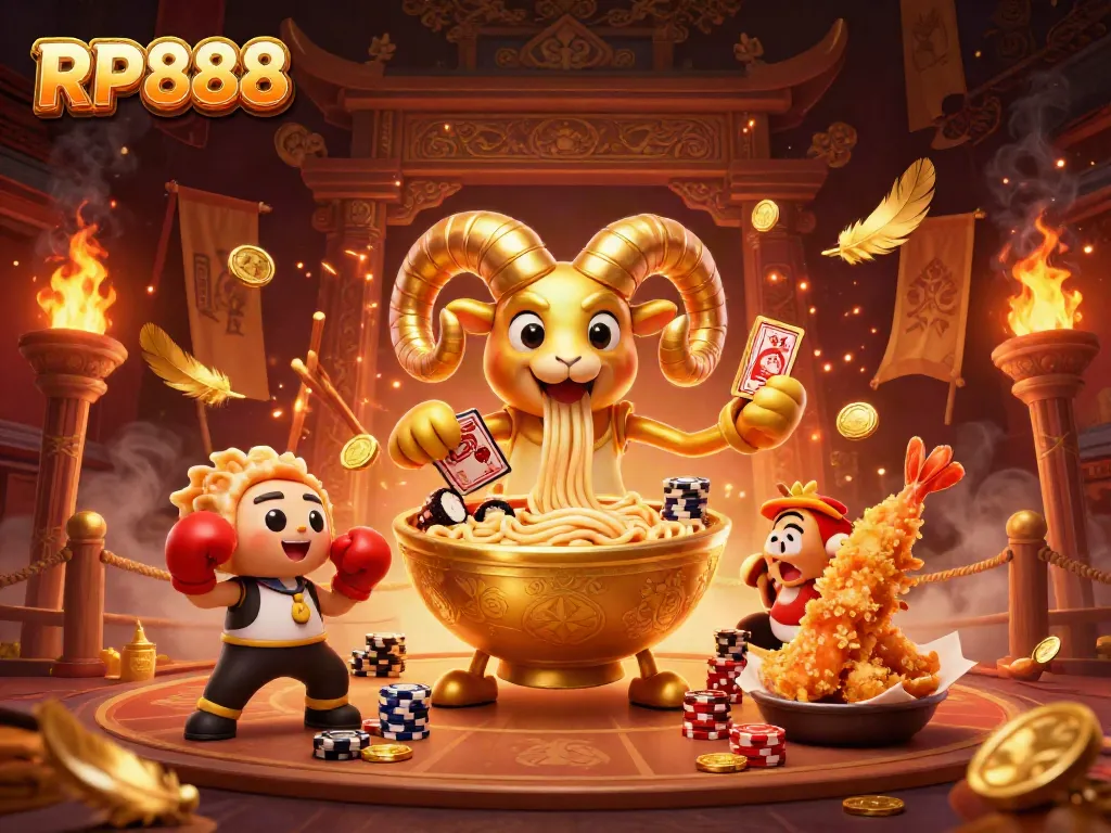 Engage with RP888's thrilling slot games in an ultra-detailed animated scene featuring vibrant casino elements.