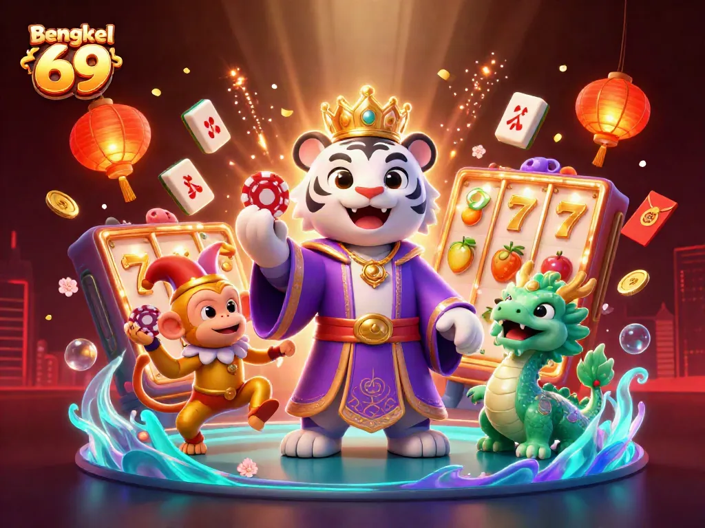Experience thrilling gameplay at Bengkel 69 with a magical casino scene featuring vibrant slot elements.