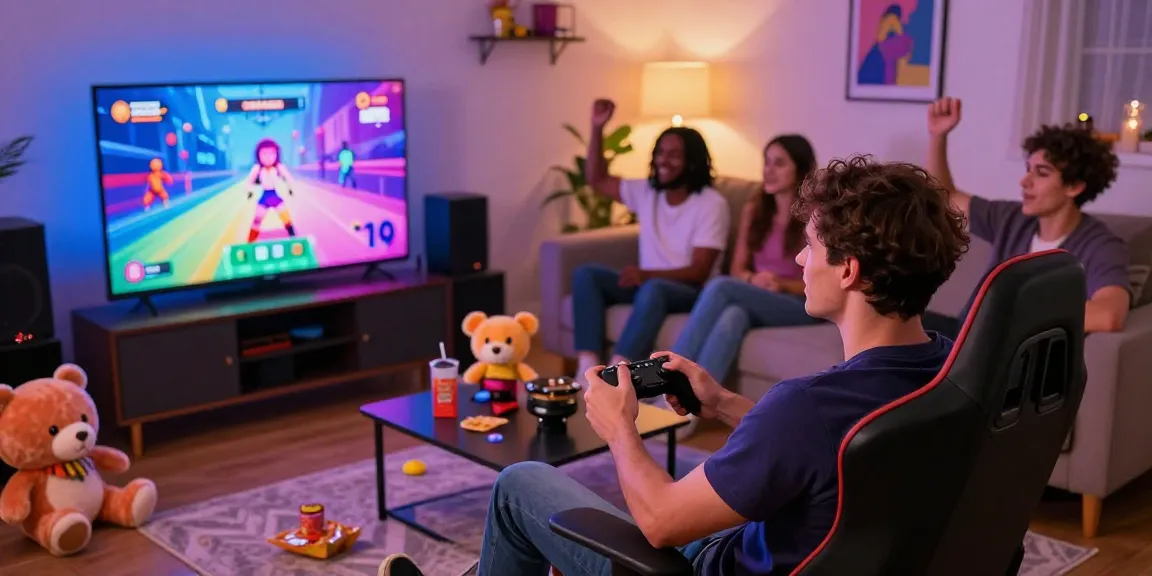 Engaging gaming scene showcasing friends enjoying sexgames on a large screen in vibrant atmosphere.