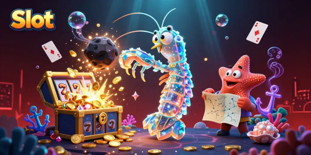 Experience vibrant casino action with slot-themed galactic characters and treasure.