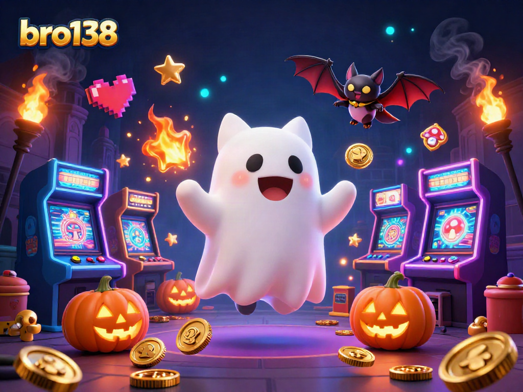 Engage with bro138's haunted casino adventure featuring its charming ghost cat and bat companion.