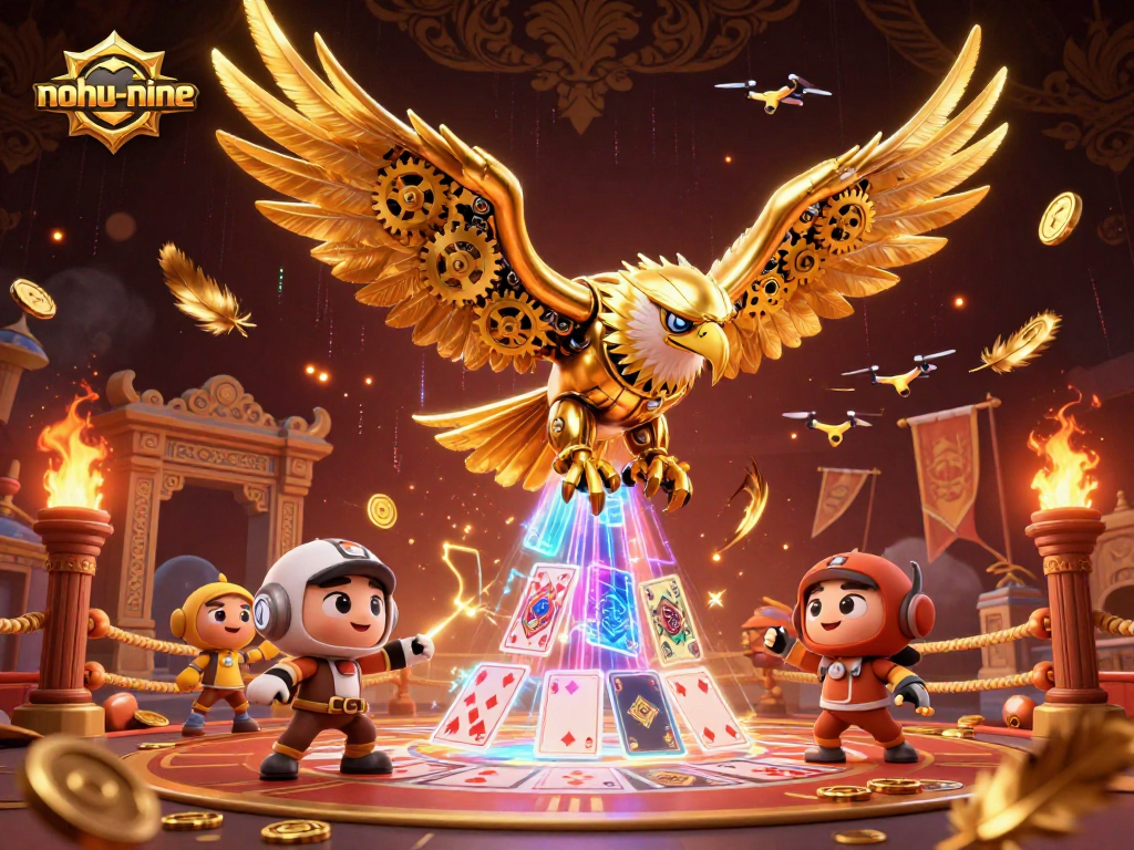 Nohu-nine electrifies players with an intense 3D scene of a golden eagle diving through holographic playing cards.