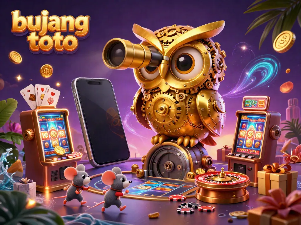 Bujang toto presents an engaging scene with a golden owl and wind-up mice among animated casino elements.