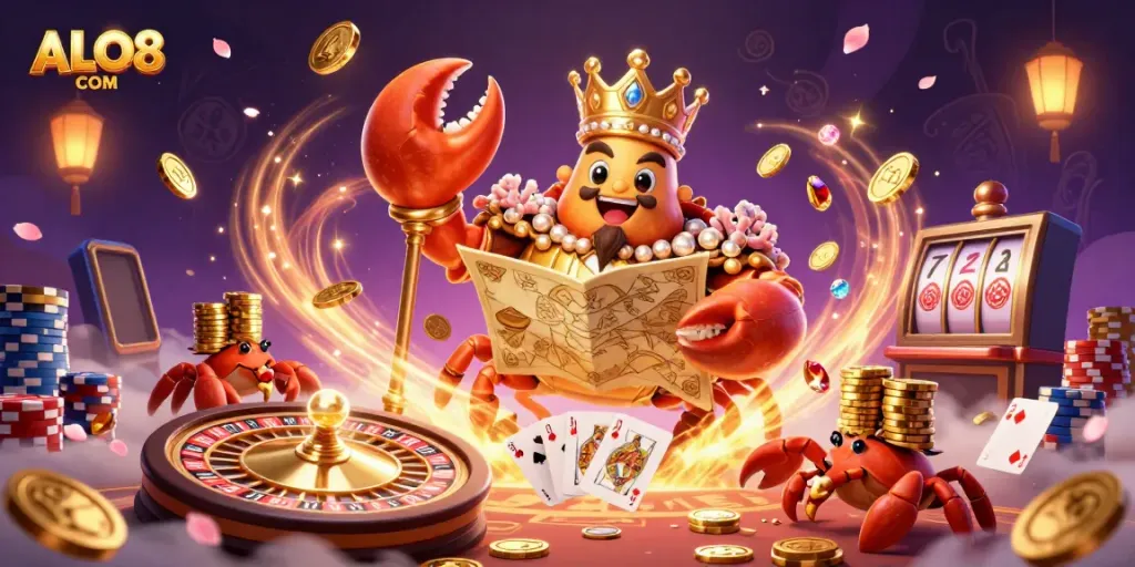 Experience the captivating world of ALO8 COM, featuring a grand golden crab emperor surrounded by casino elements.