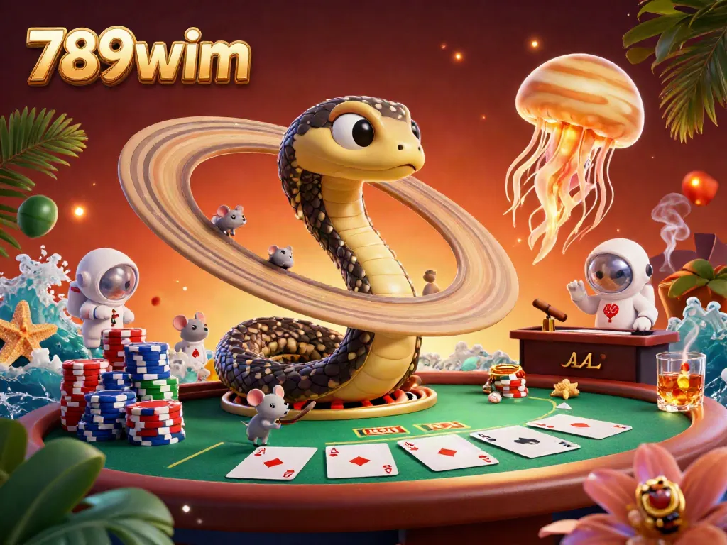 Experience dynamic gambling action with 789wim in an ultra-detailed 3D casino illustration featuring vibrant characters and game elements.