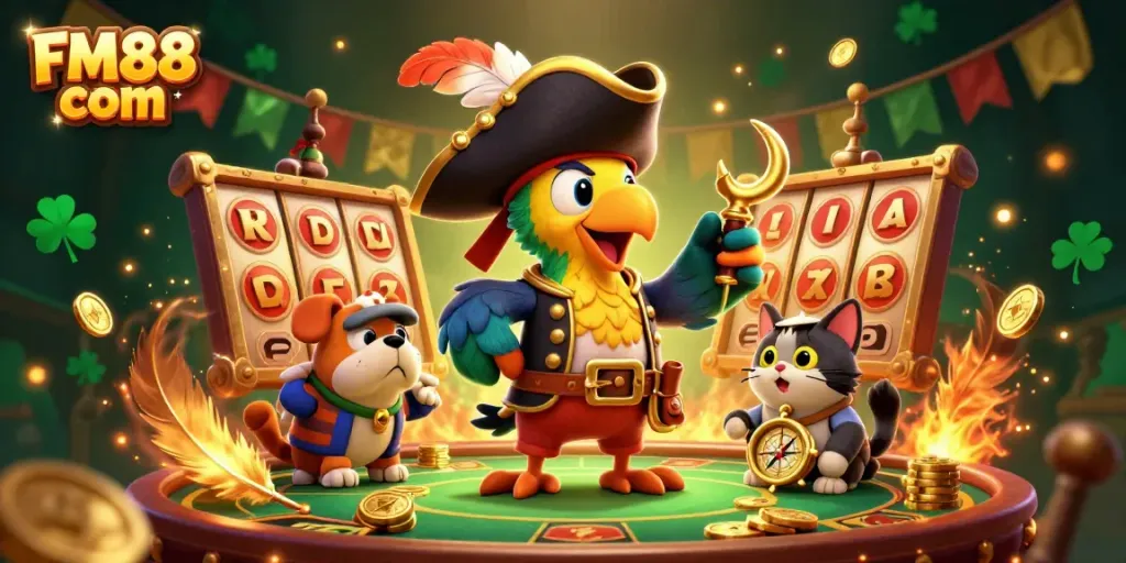 Experience thrilling gameplay with FM88 com in this vibrant pirate-themed casino illustration.