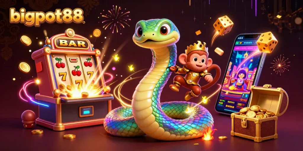 Permainan slot bigpot88 yang menampilkan jackpot berkilauan dan karakter menghibur dalam ilustrasi 3D