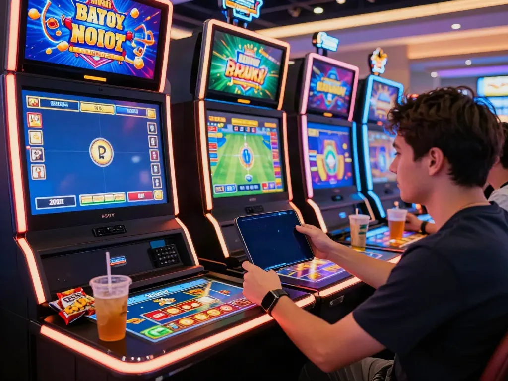 Exciting gaming environment with player engaged in akunjp slot game and vibrant screens.