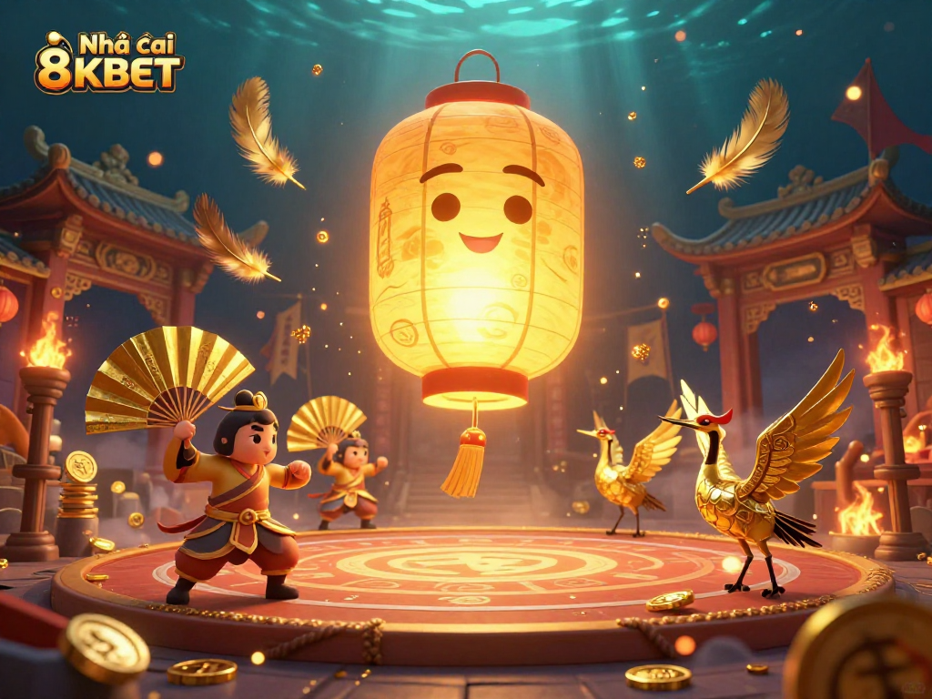 View the colorful scene of Nhà cái 8KBET's vibrant casino with lucky symbols and dynamic characters.