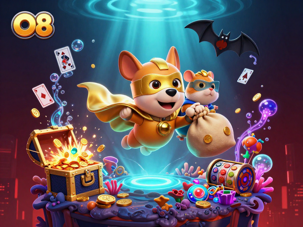 Experience thrilling games at O8 with a superhero dog carrying gold coins amidst a vibrant casino scene.