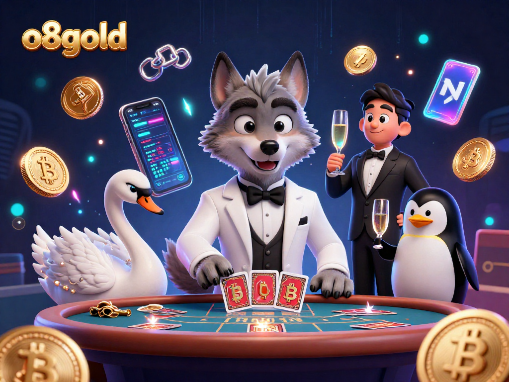 Join the excitement at o8gold with a vibrant casino scene featuring a wolf, swan, and penguin.