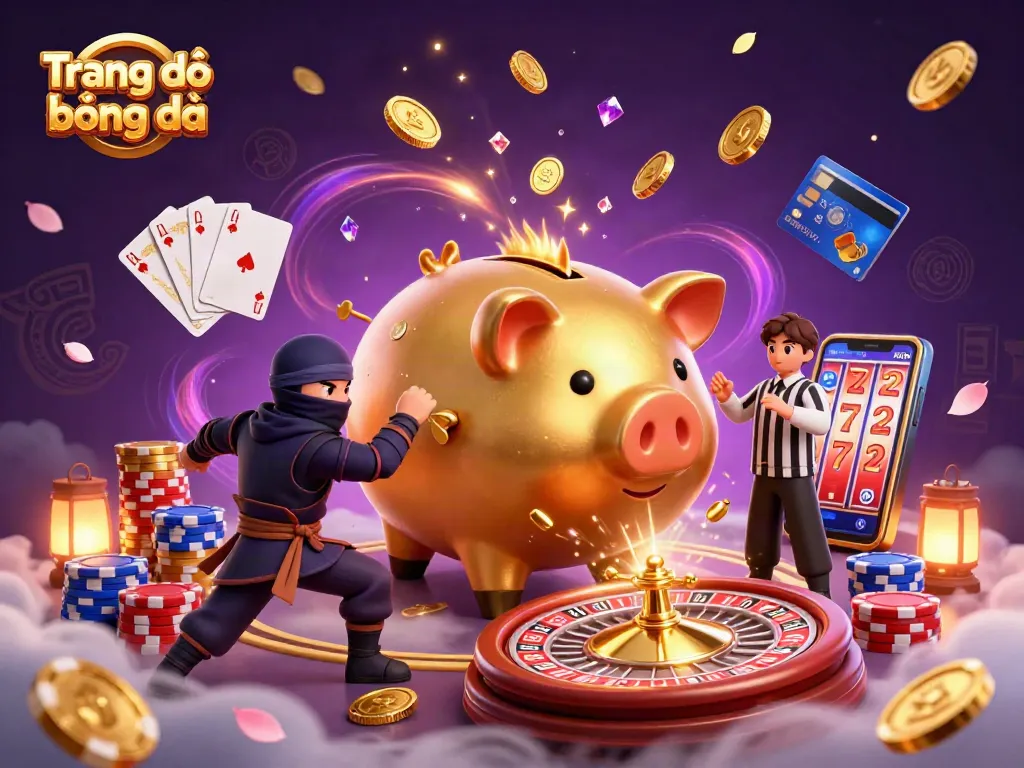 Engage in Trang cá độ bóng đá with a dynamic 3D scene showcasing a sumo wrestler, wallet ninja, and referee amid flying gold coins.