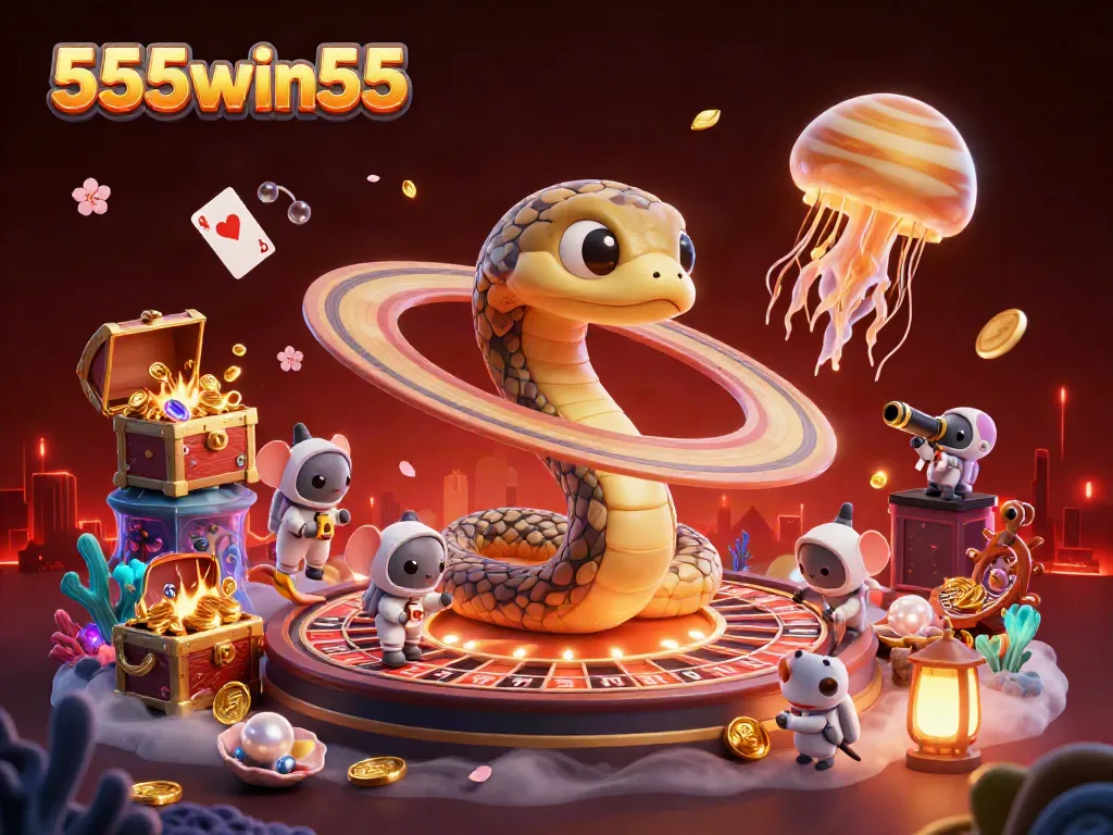 Engage in vibrant gambling action at 555win55 with a cosmic roulette wheel and adventurous astronaut mice.