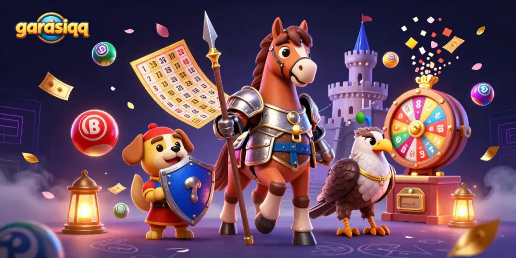 Engage with garasiqq in an immersive gaming scene filled with vibrant lottery elements and medieval characters.
