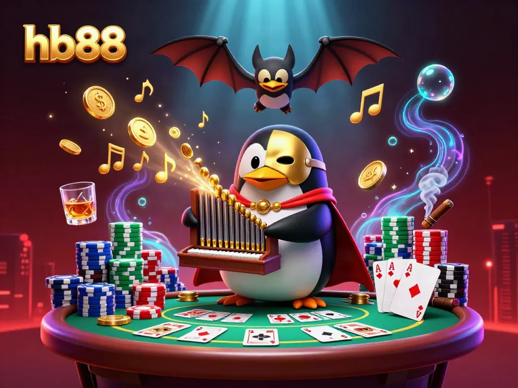 Experience thrilling gameplay at hb88 with a cartoon penguin at a vibrant casino scene, featuring golden coins and poker elements.