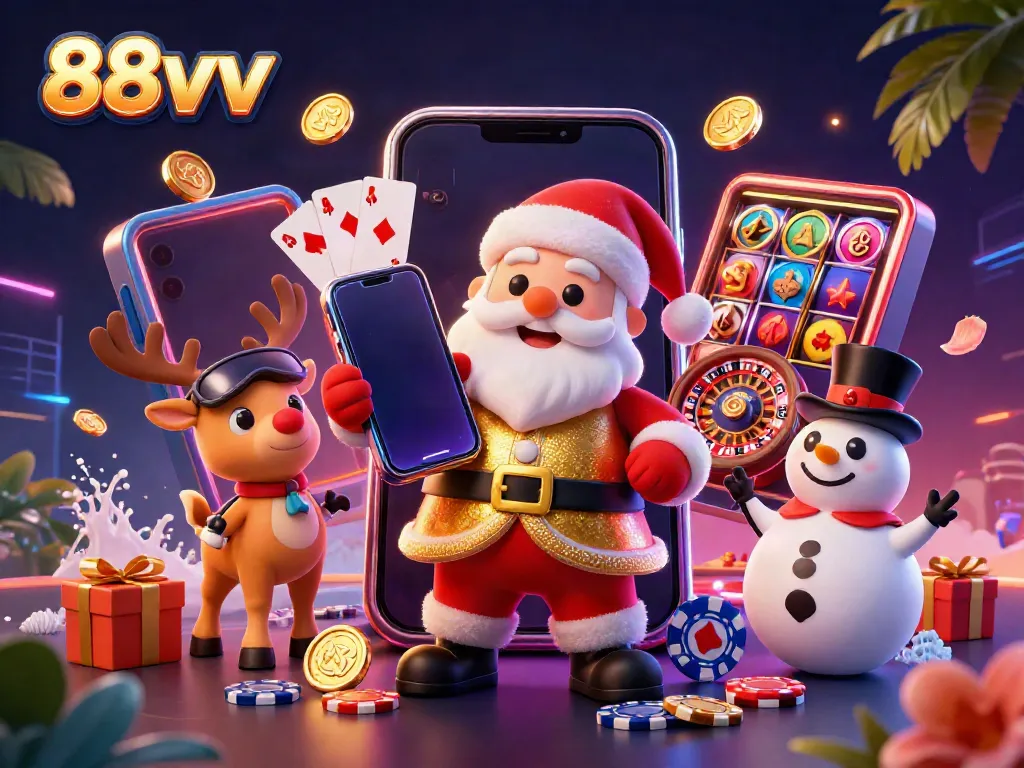 Experience the excitement of 88vv gaming with Santa and friends surrounded by festive casino elements.