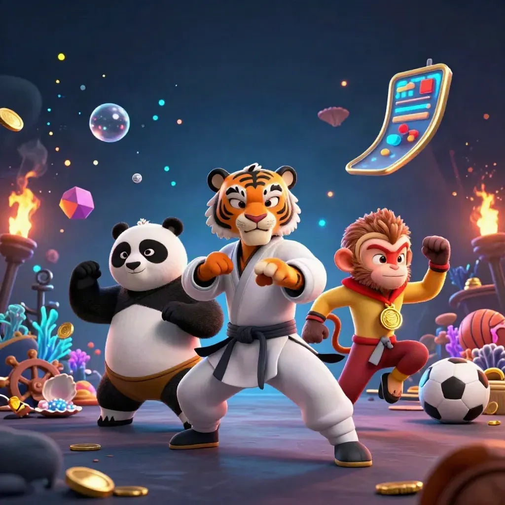 Kung-fu tiger, panda and monkey amid treasure cove sports chaos, gold coins and neon light.