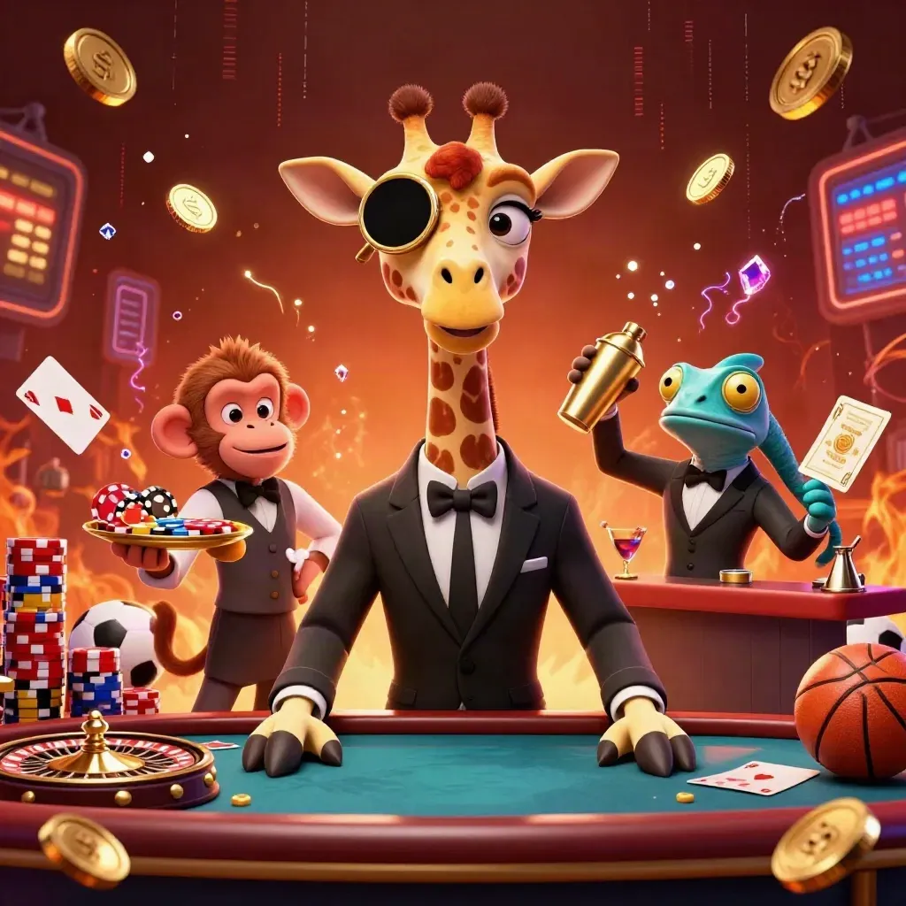 A giraffe, monkey, and chameleon in a casino burst of chips, cards, coins, and sports balls.