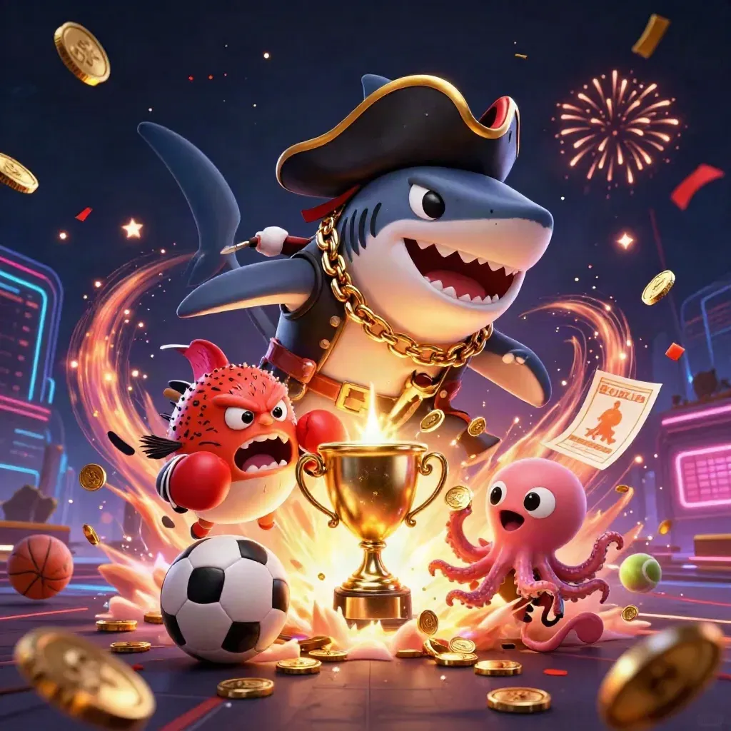 Pirate shark, boxing pufferfish, and coin-juggling octopus in a neon casino sports burst