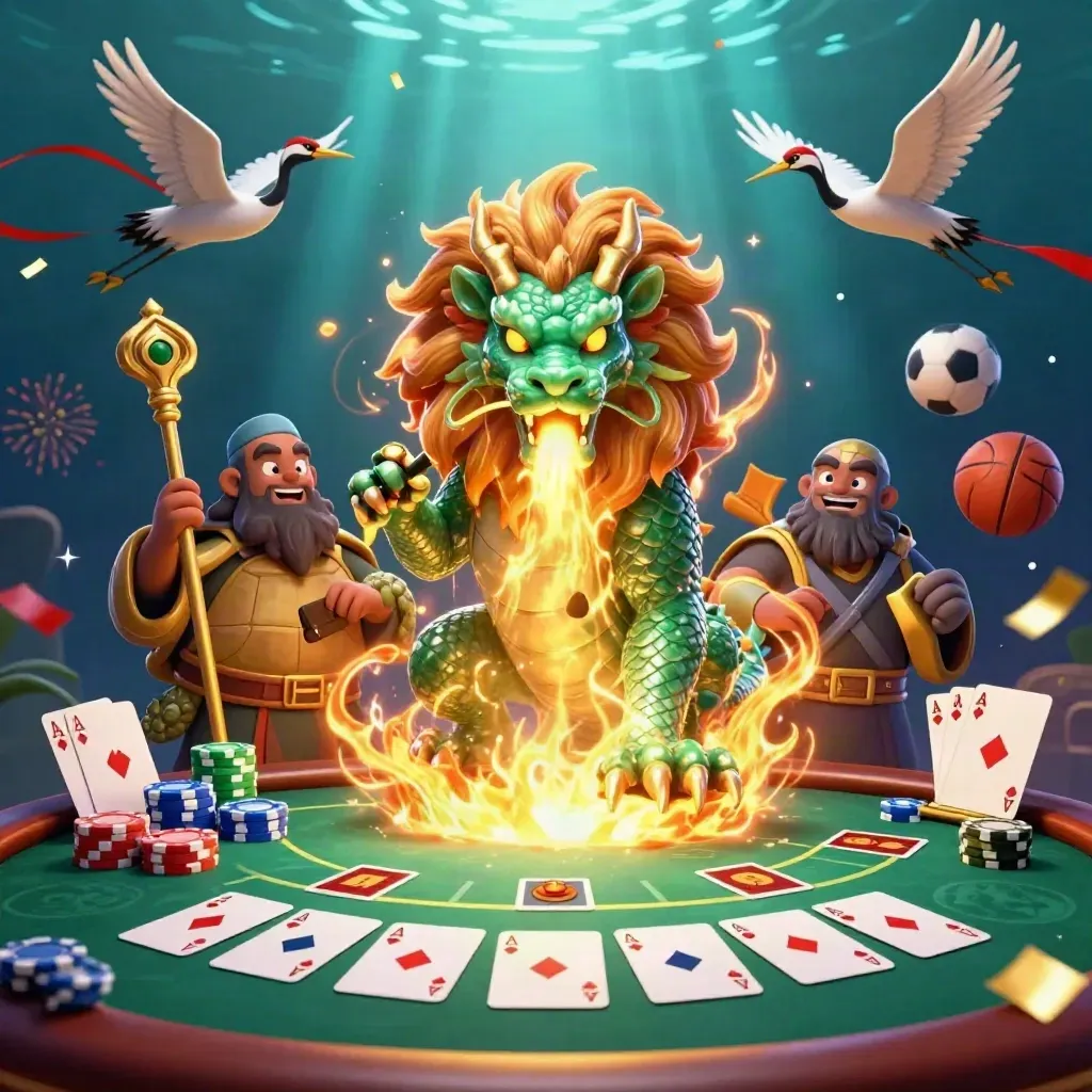 Dragon, turtle sage, and cranes amid casino chips, cards, balls, and glowing underwater lights.
