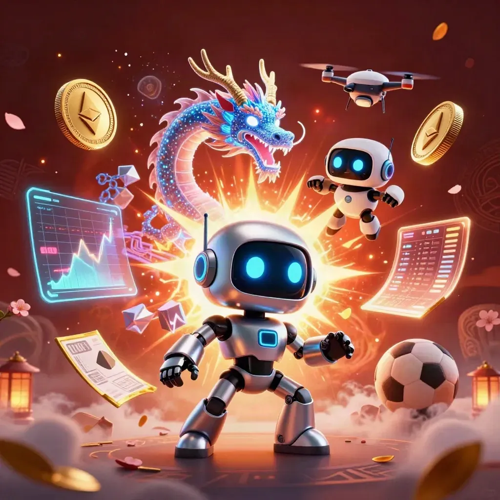 Cyberpunk robot, holographic dragon and drone amid gold coins, lightning, ember glow, petals and leaves.