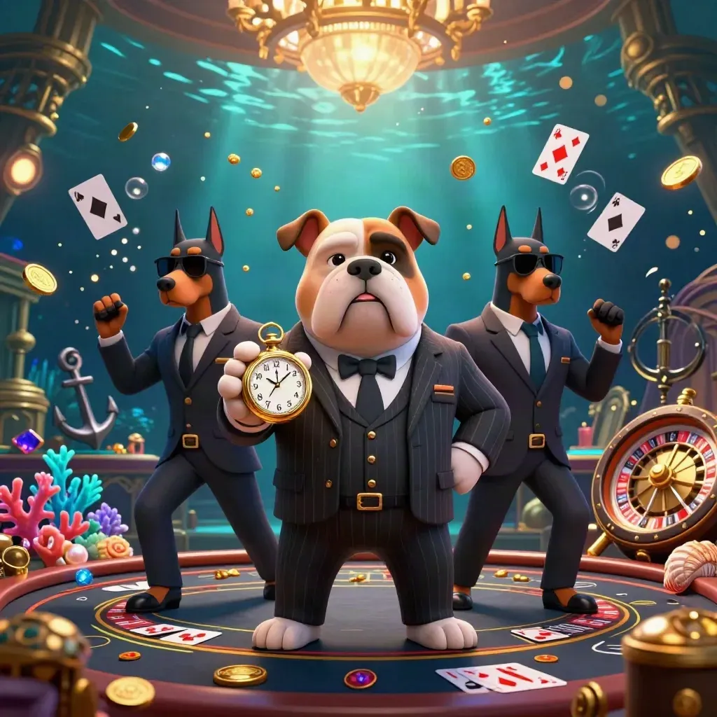 Cartoon bulldog mob boss and Dobermans in an underwater casino treasure scene.