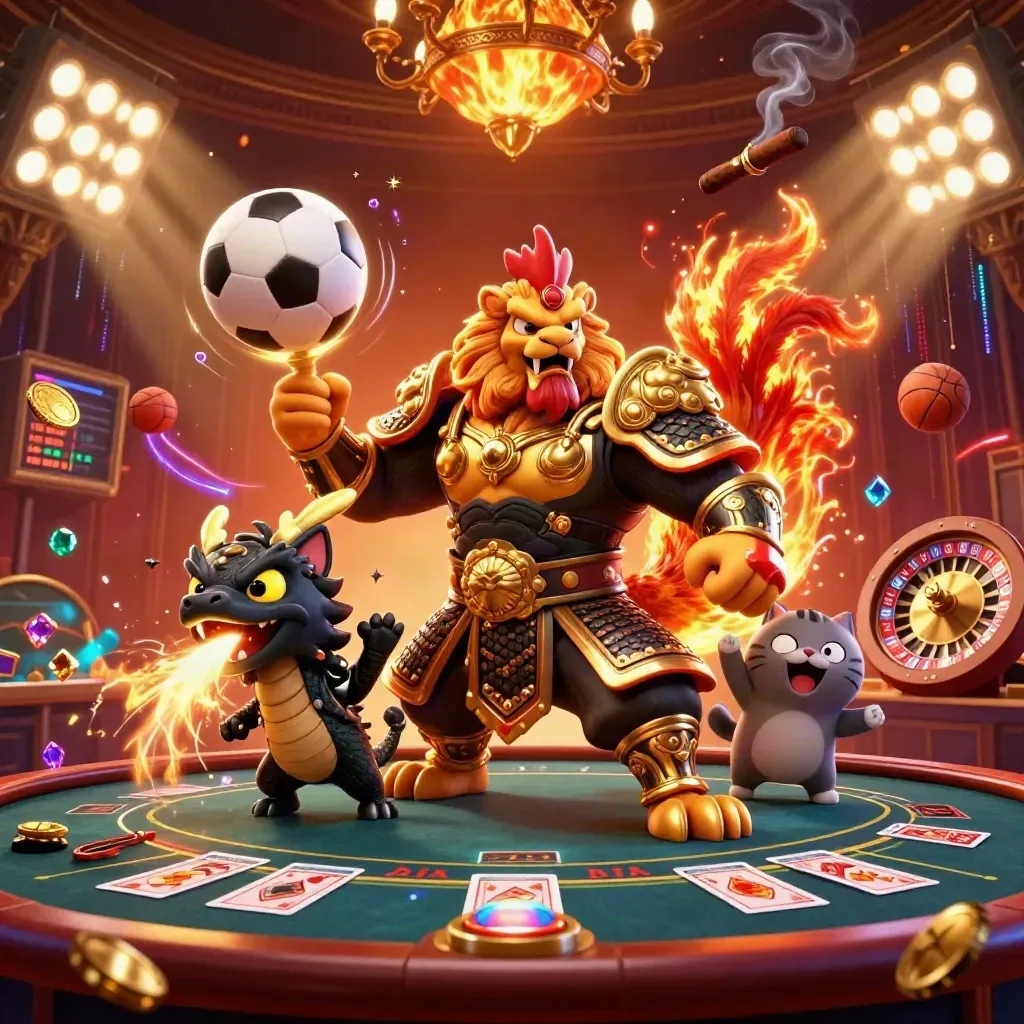 Rooster warrior, dragon hatchling, and fortune-cat amid casino glow, coins, trophy, and neon spectacle.