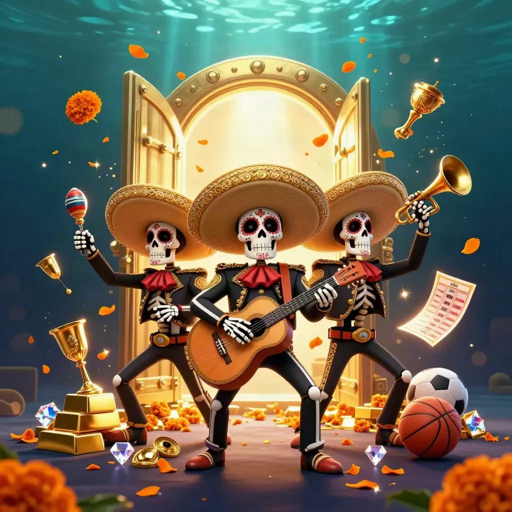 Skeleton mariachi trio amid gold vault burst, gems, balls, and dramatic casino lighting.