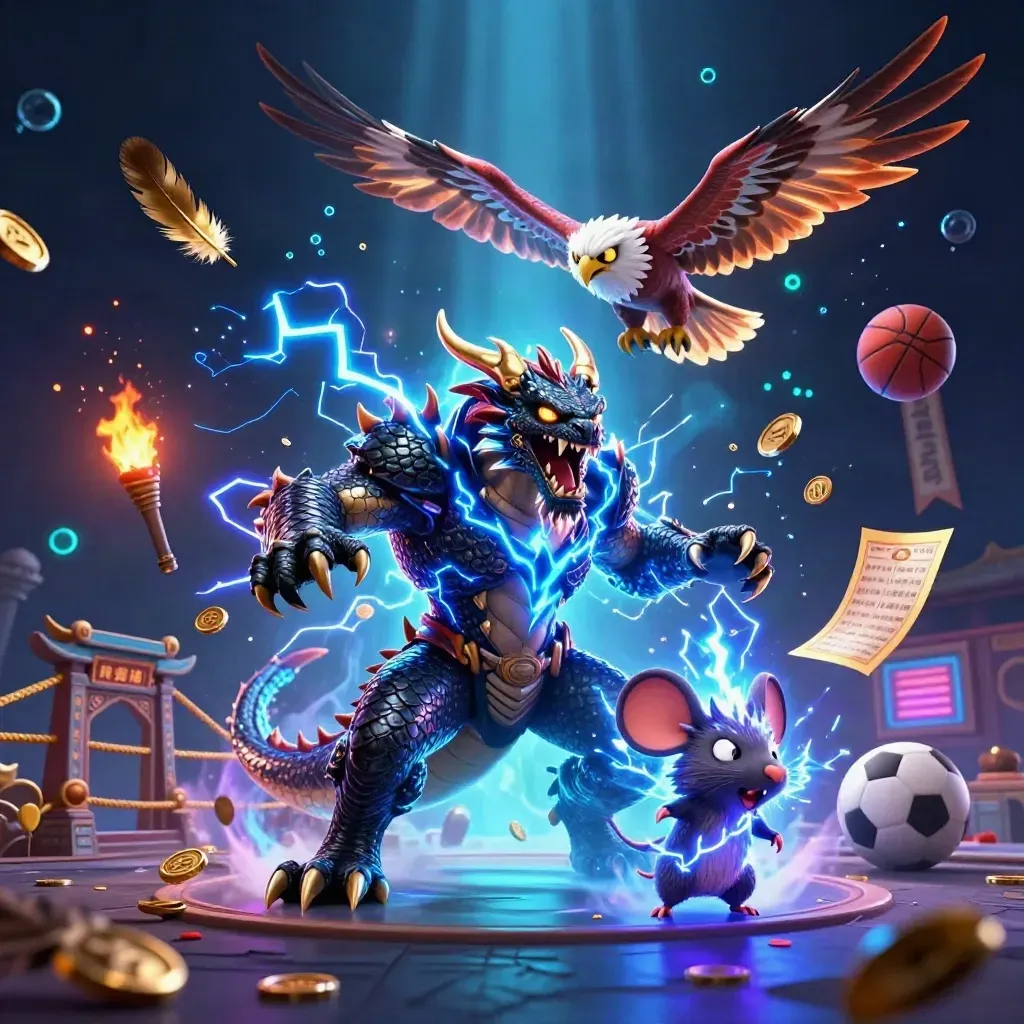 Thunder dragon, wind hawk, and static mouse amid casino sports chaos and blue lightning.