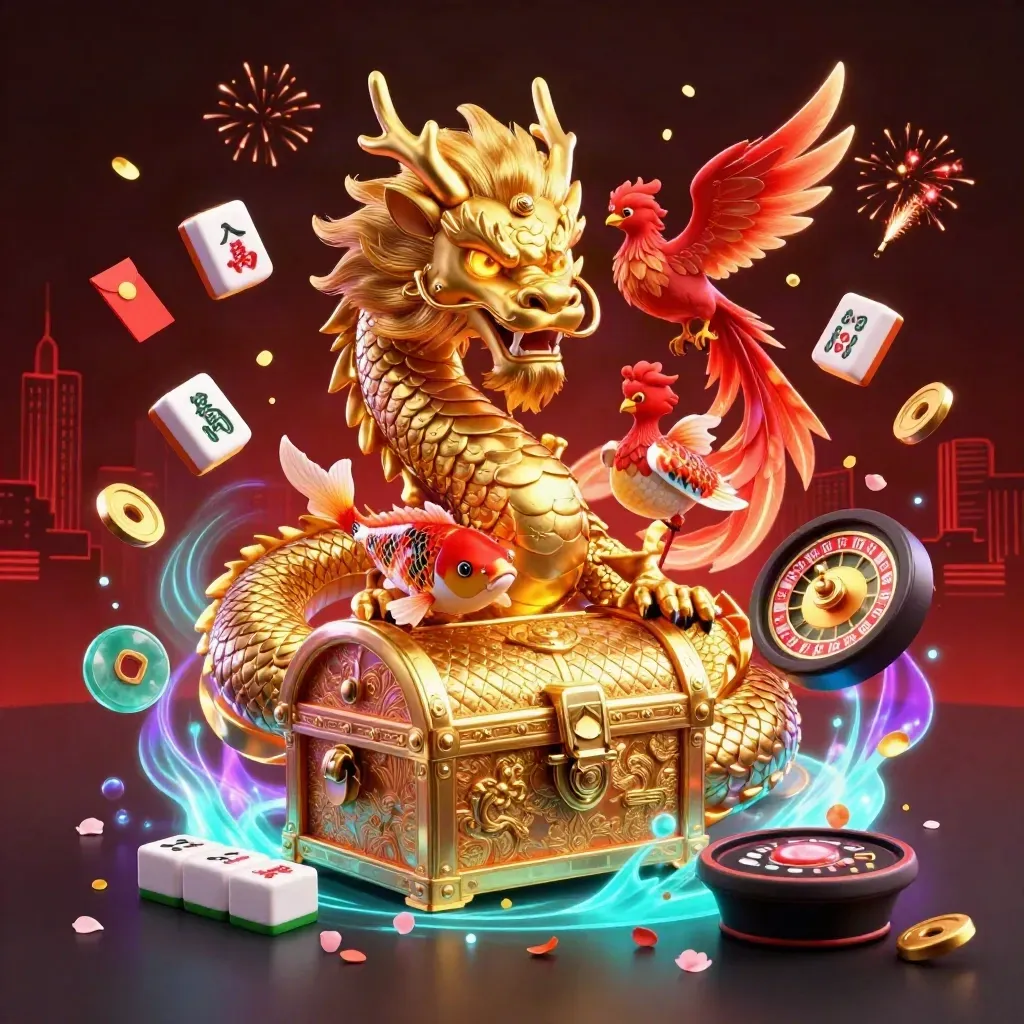 Golden dragon and phoenix around a treasure chest in a luxe red casino scene with coins, lanterns, and neon glow.