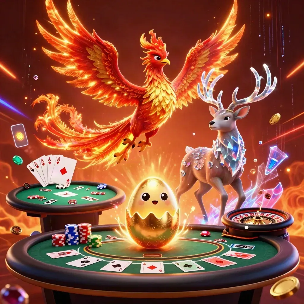 Phoenix, hatchling, and crystal stag over a glowing casino table with chips and cards