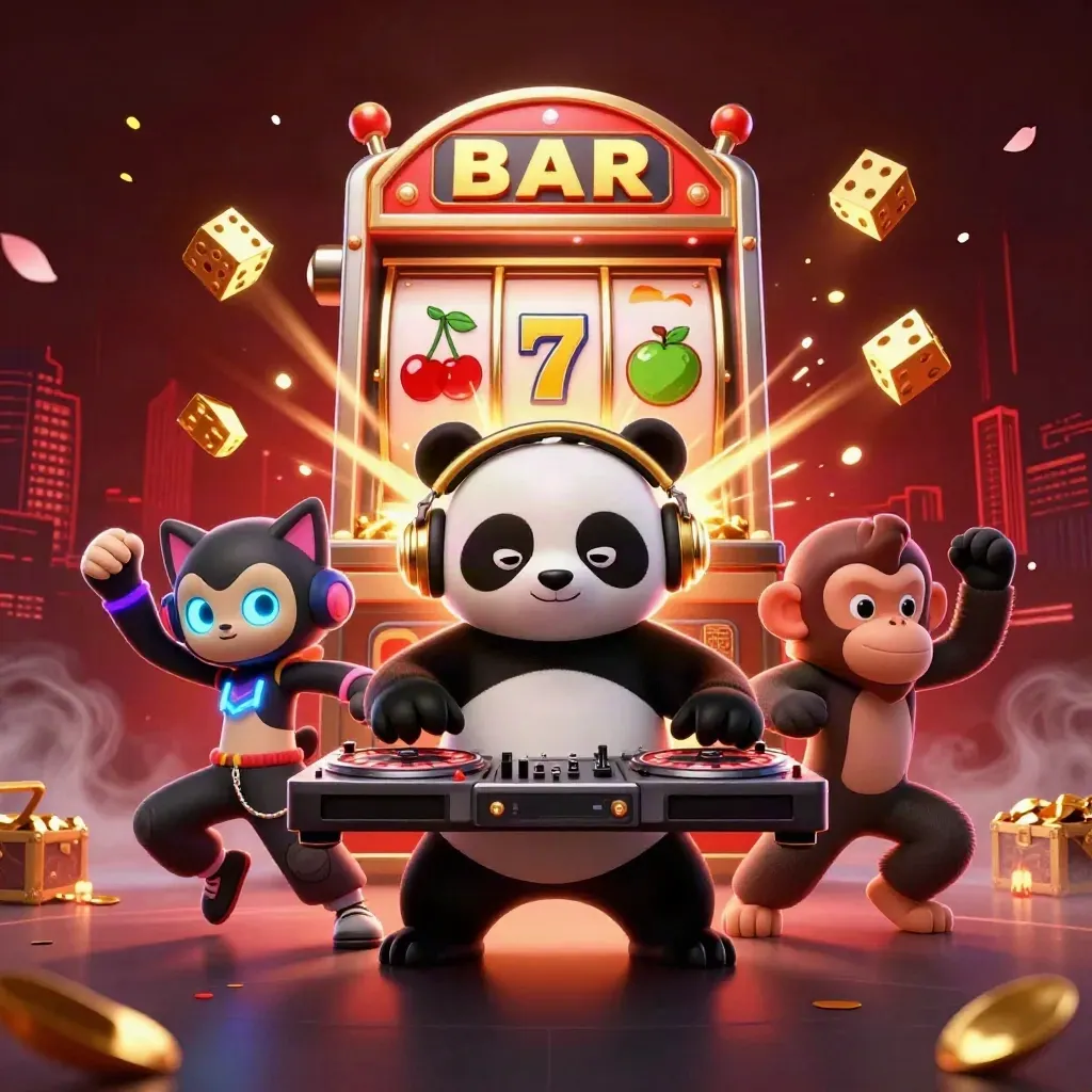 DJ panda, monkey, and glow-kitten amid exploding slot machine gold and neon chaos.