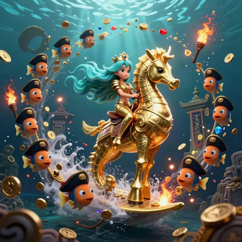 Mermaid princess rides armored seahorse amid treasure, temple gate, fire particles, and pirate fish.
