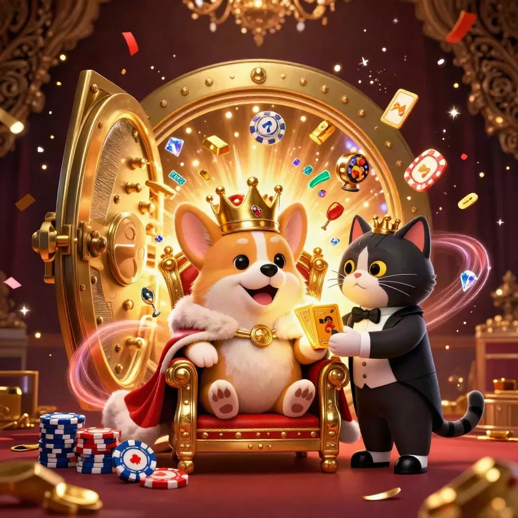Royal corgi king and cat butler amid gold vault, gems, and casino bursts in dark luxury.