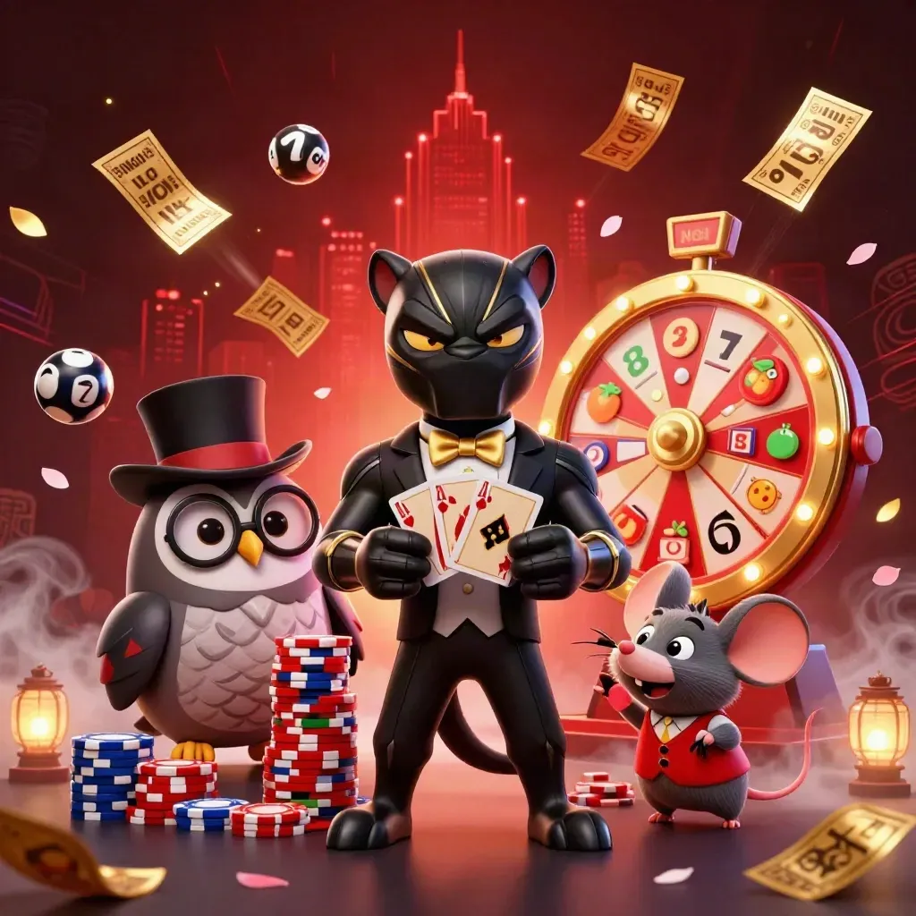 Panther dealer, owl, and mouse amid flying chips, reels, and gold casino effects on dark red-black.