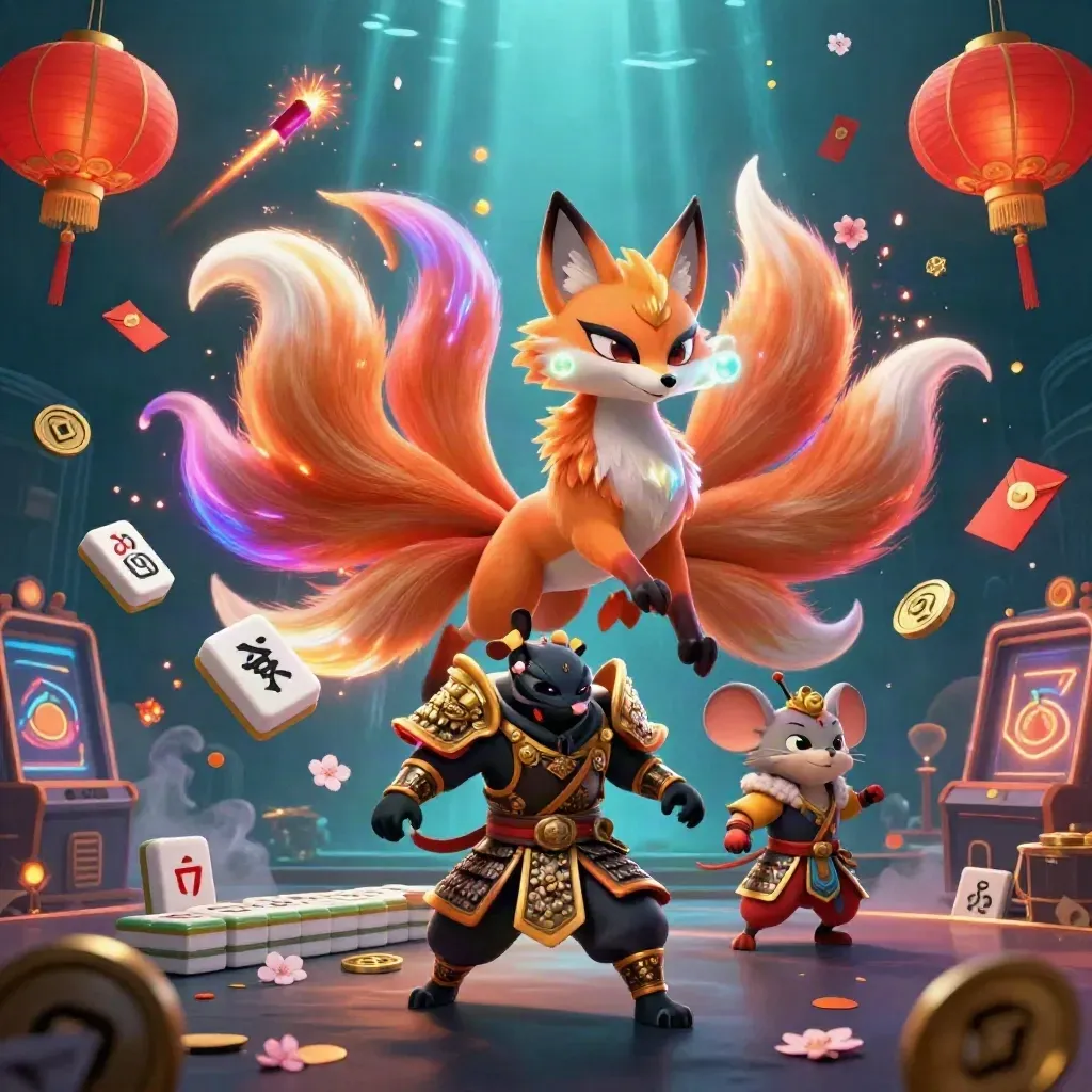 Nine-tailed fox spirit and armored mouse amid gold tiles, lanterns, coins, and glowing casino effects