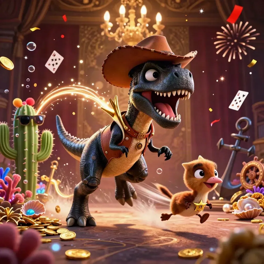 Cowboy T-Rex, cactus sidekick, and sheriff roadrunner amid treasure, coral, and neon casino glow.