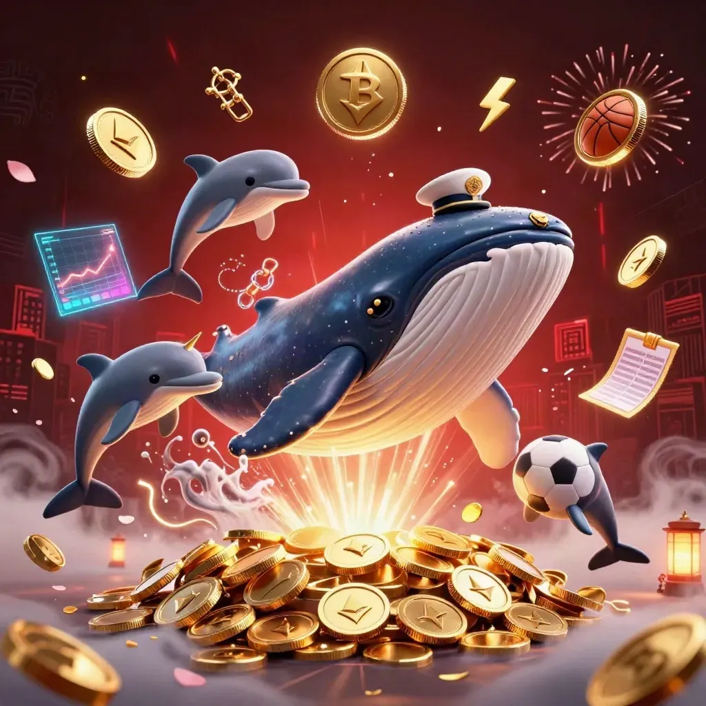 Cartoon whale captain, narwhal, and dolphins burst through coins with neon crypto and casino effects.