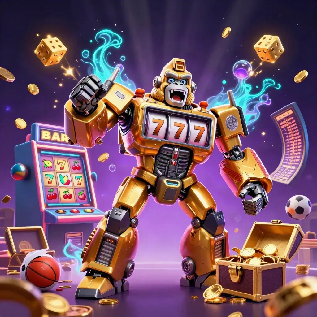 Golden gorilla mech bursts from a slot machine with treasure, sports props, and neon casino energy.