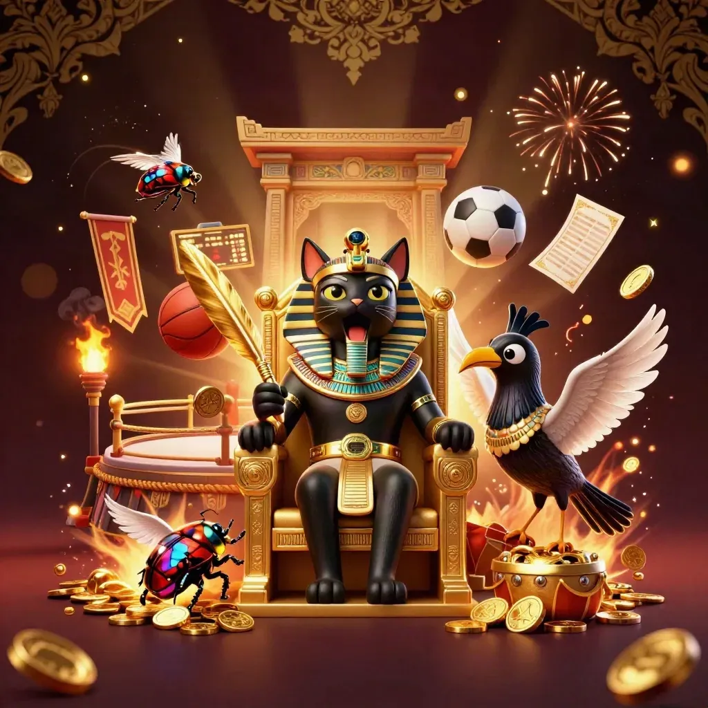 Pharaoh cat, ibis scribe and gem-wing scarabs erupt amid gold coins and casino lights.