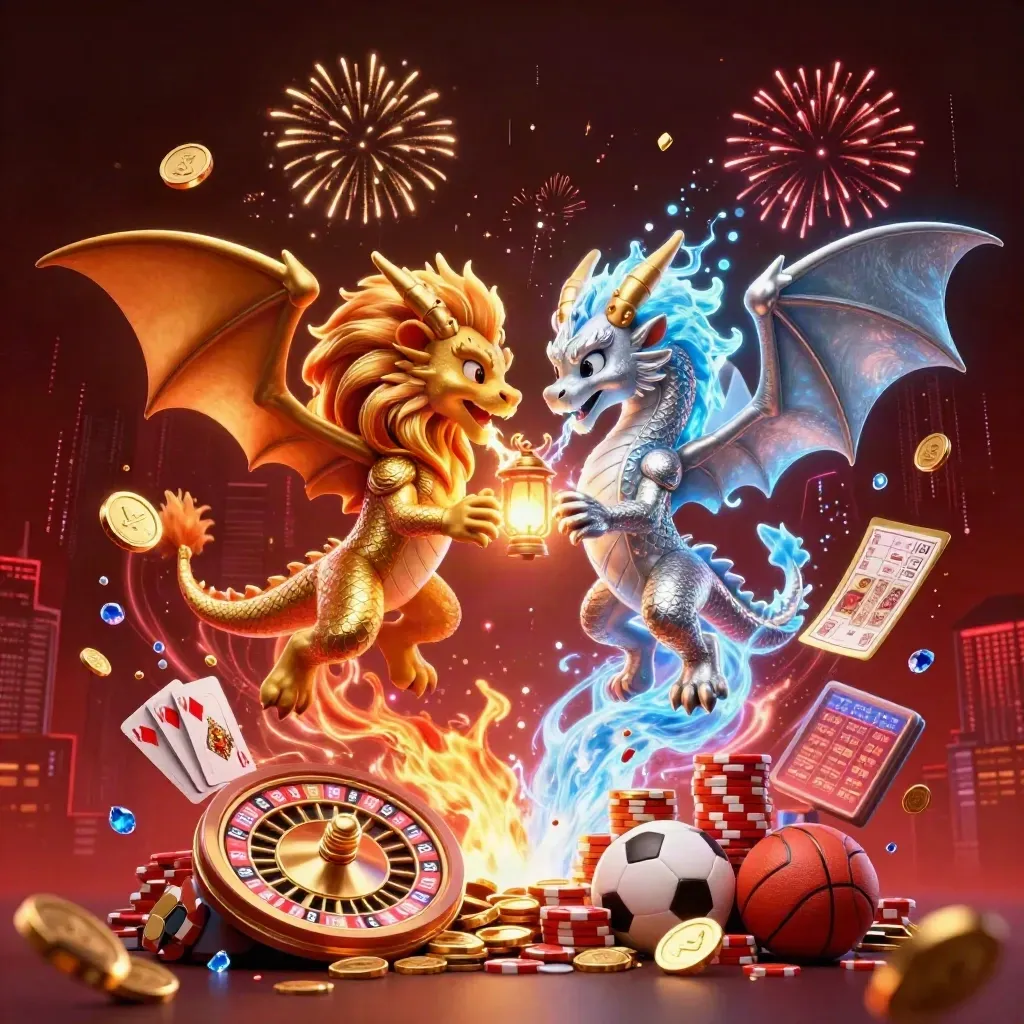 Gold and silver dragons burst with coins, cards, chips, sports balls, and neon casino energy.