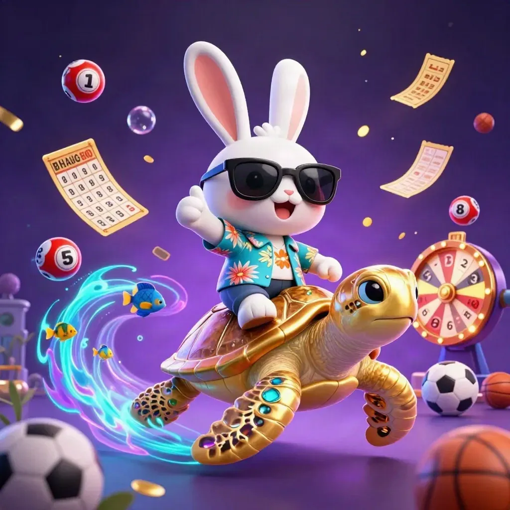 Cartoon rabbit rides a gold sea turtle amid casino balls, prizes, bubbles, and glowing effects.