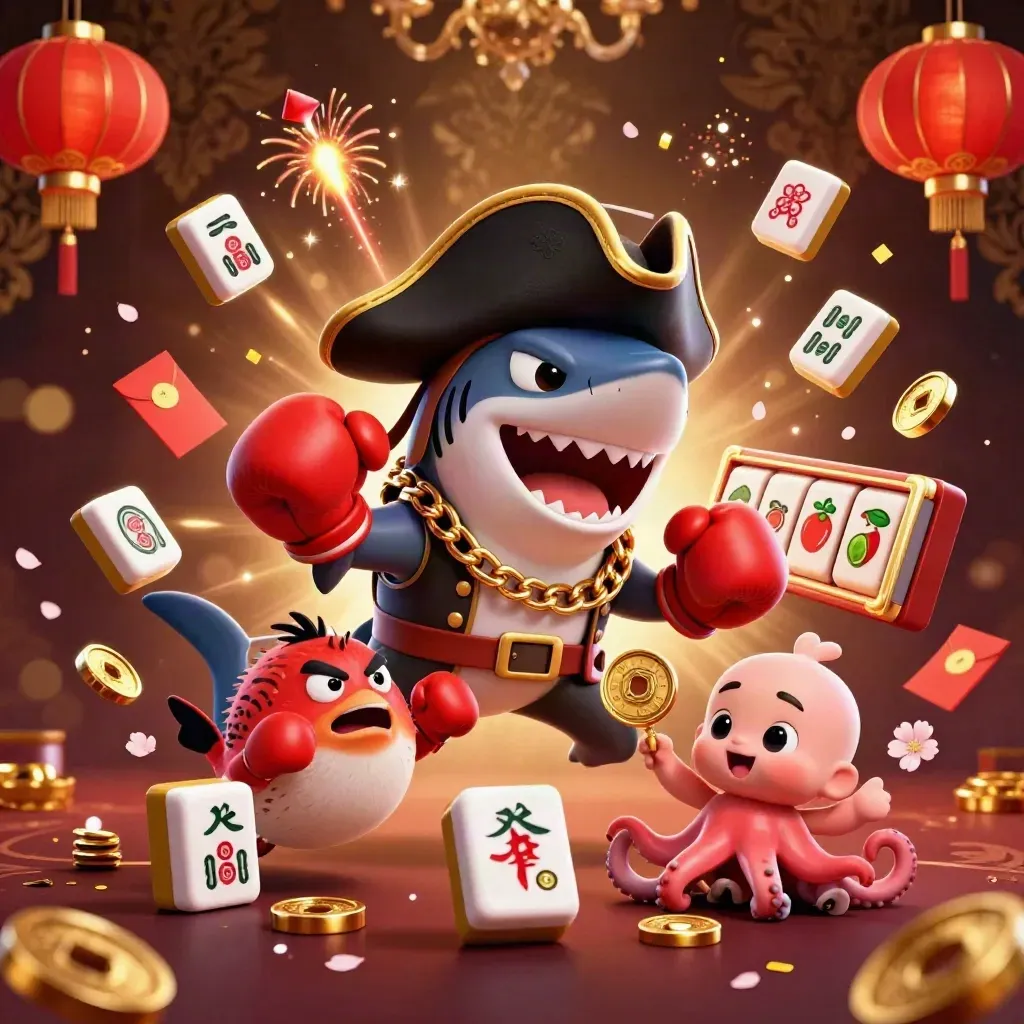 Pirate shark, boxing pufferfish, and coin-juggling octopus amid casino gold bursts