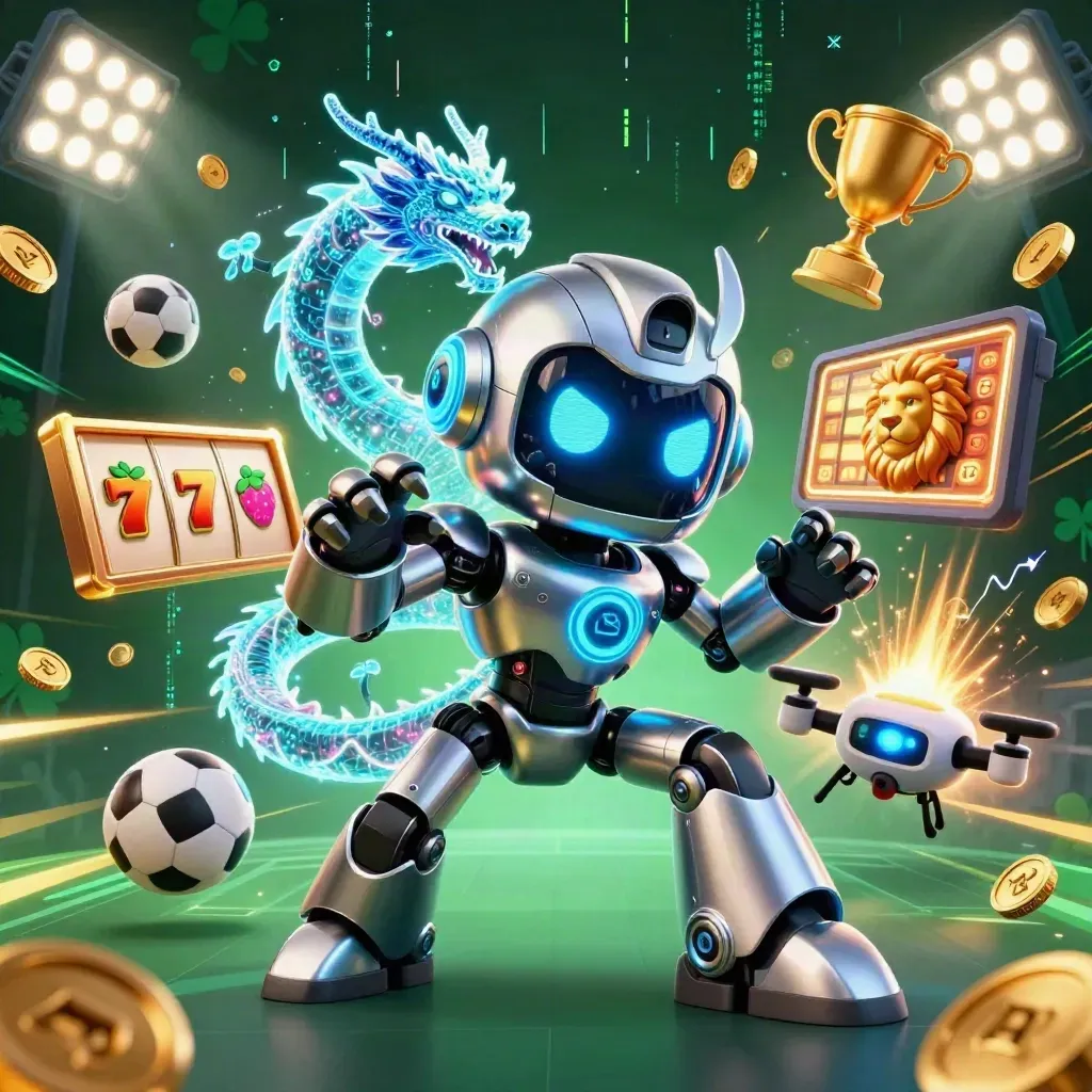 Cyberpunk robot, holographic dragon, and coin drone amid casino game icons on dark emerald glow.