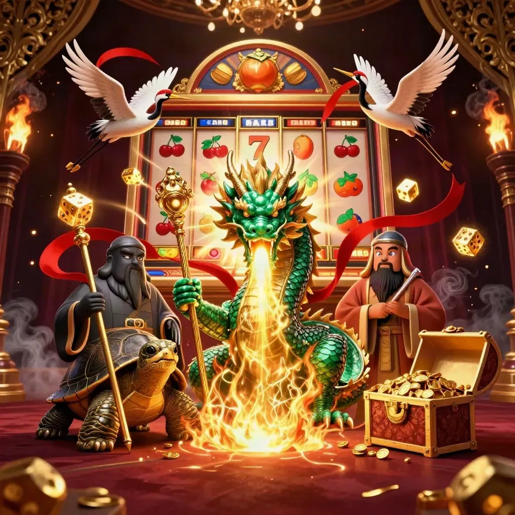 Emerald dragon, turtle sage, cranes, slot machine burst, gold fire, dark burgundy casino background.