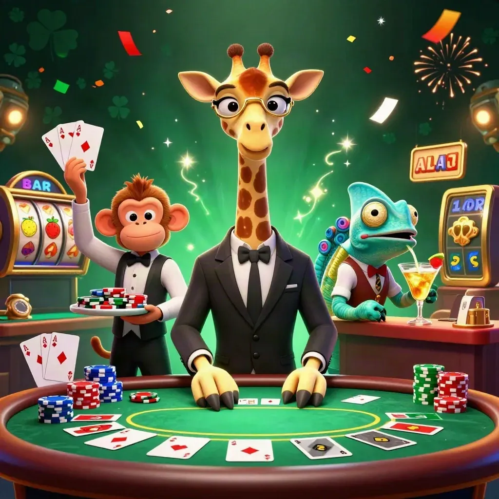 Giraffe, monkey, and chameleon casino heroes amid chips, cards, fireworks, and golden glow