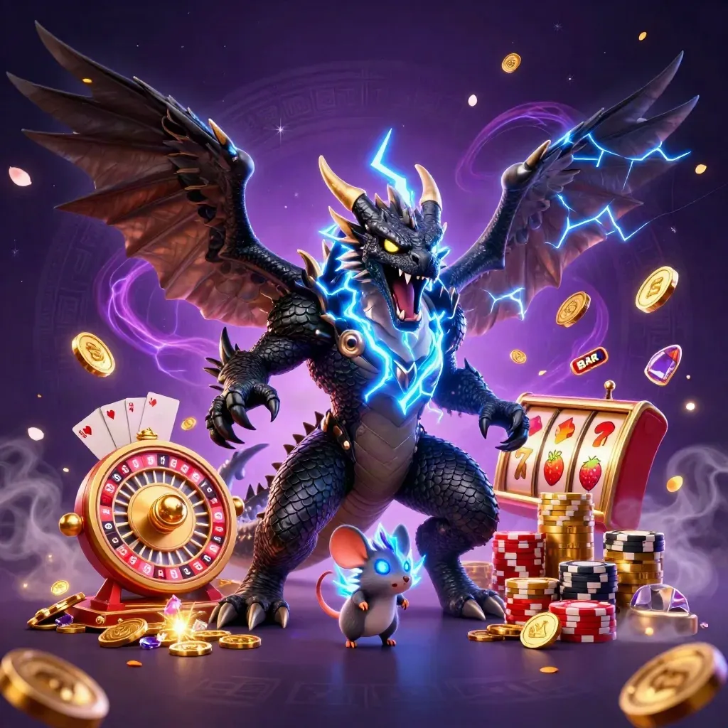 Thunder dragon, wind hawk, and static mouse amid casino loot, coins, cards, chips, and purple lightning.