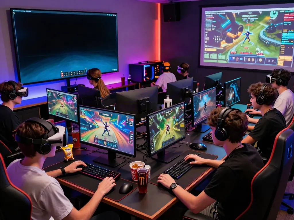 Players enjoying Batman138 online gaming with vibrant interfaces and high-tech equipment.